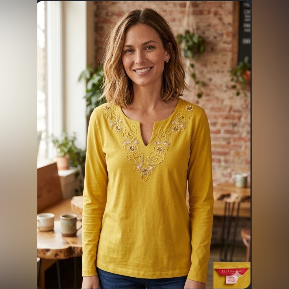 Yellow tunic split hem and embroidered sequins | size M/L
